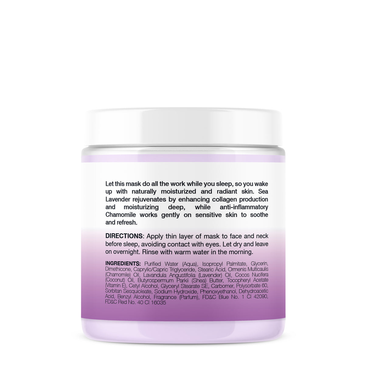 Back of the Overnight Hydrating Mask package with directions and ingredients