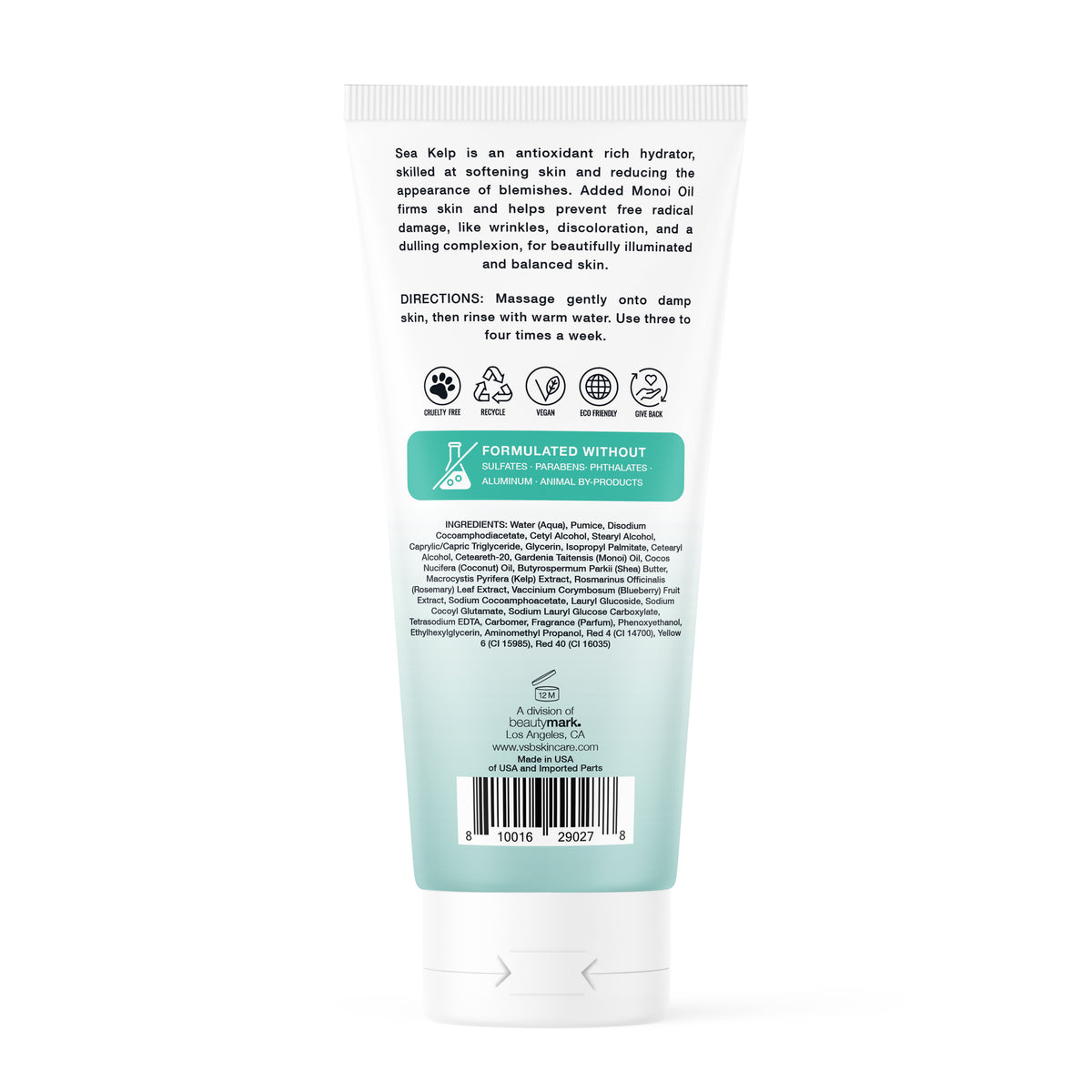 Back of the Exfoliating Face Scrub package with directions and ingredients